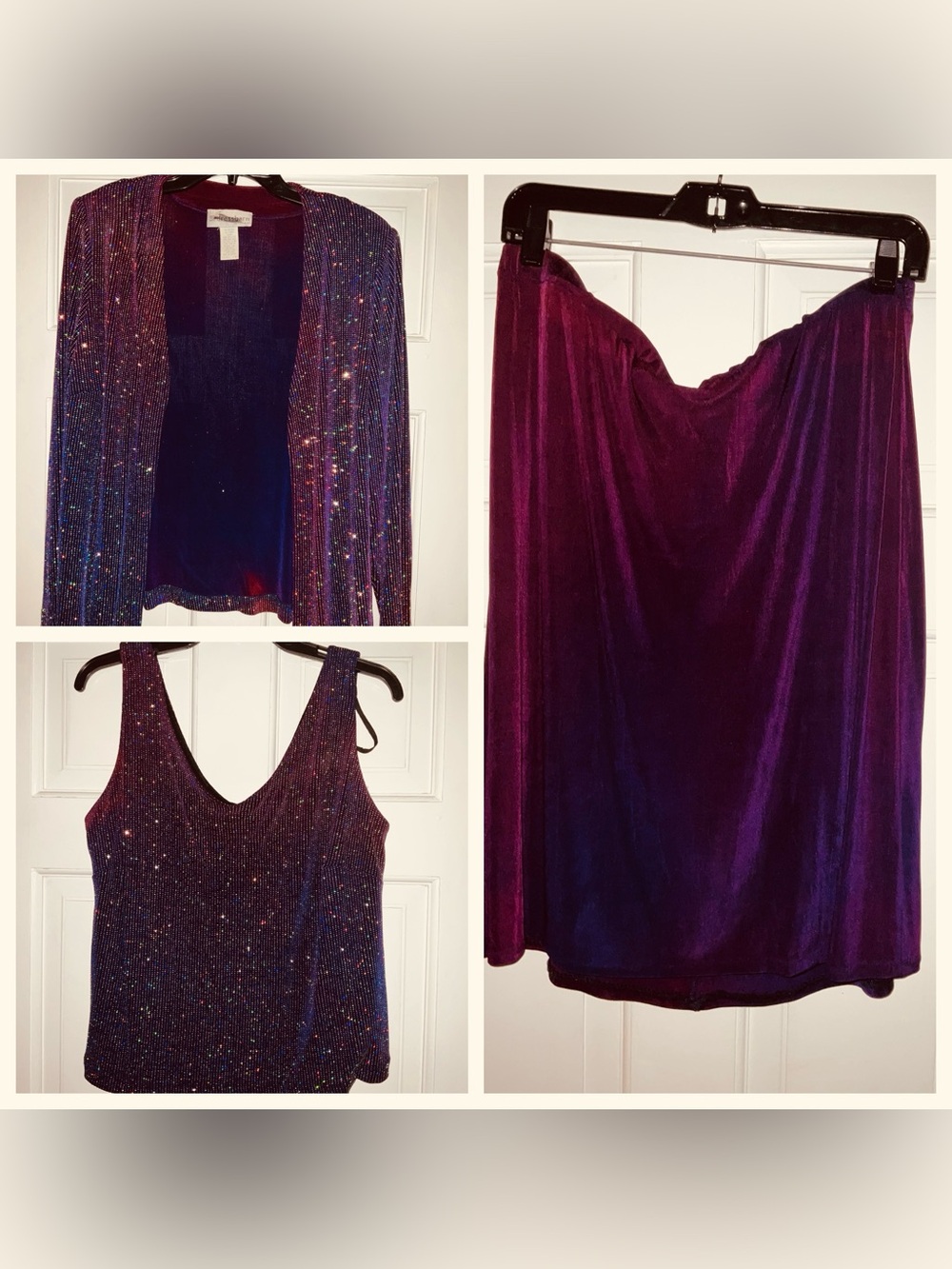 Women's Purple sequined tank and cardigan with matching stretchy skirt.